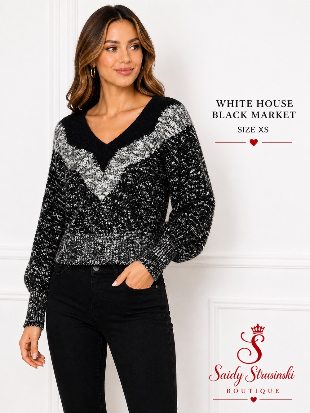 White House Black Market Marled V-Neck Sweater XS NWT Black Ecru Cozy Chic